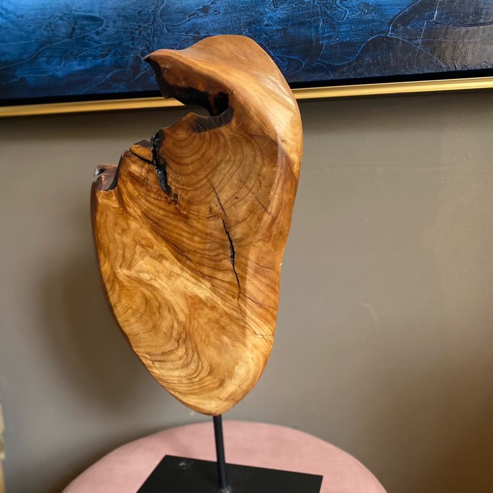 Hand-Carved Olive Wood Sculpture on Metal Stand – Organic Modern Art